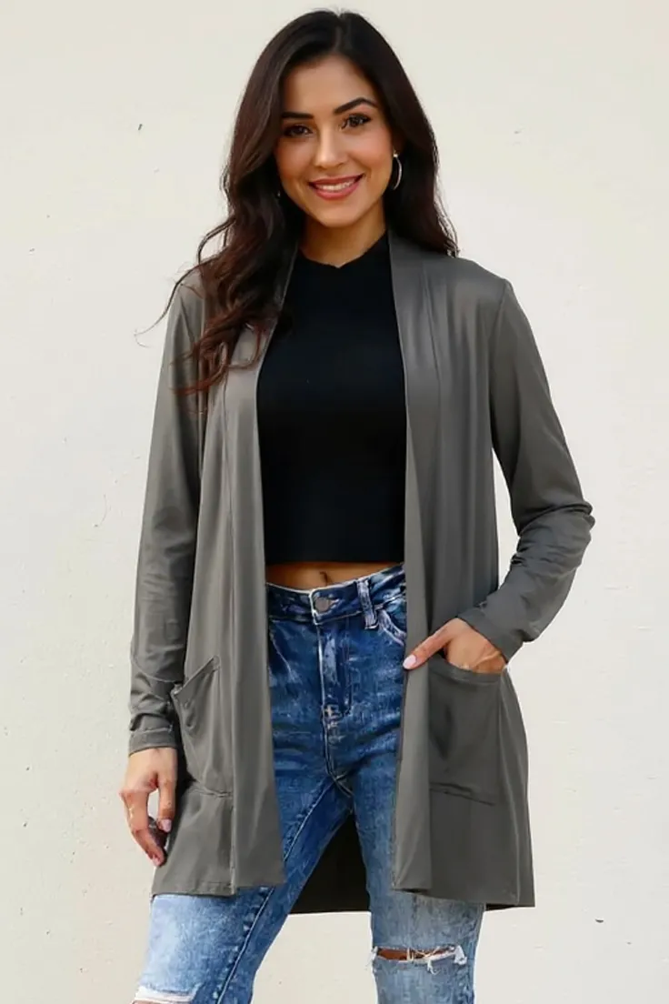 Full Size Open Front Long Sleeve Cardigan with Pockets, image 2