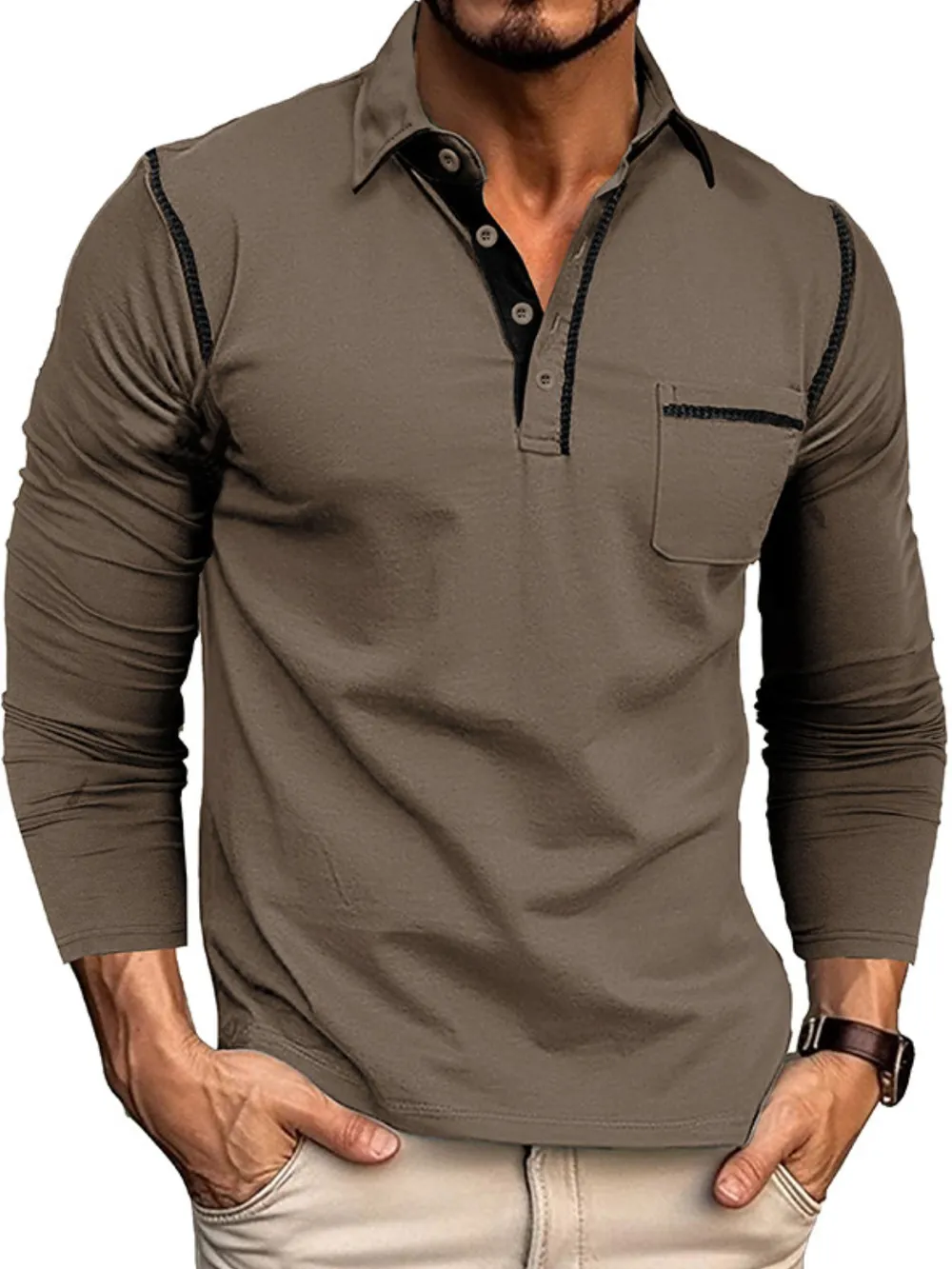 Men's Long Sleeve Polo Shirt with Contrast Stitching, image 10