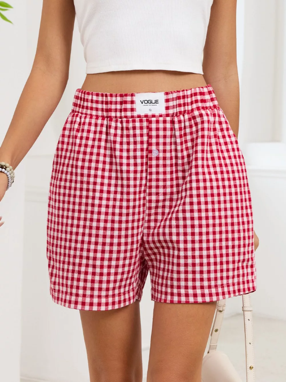 Gingham Elastic Waist Casual Shorts, image 25