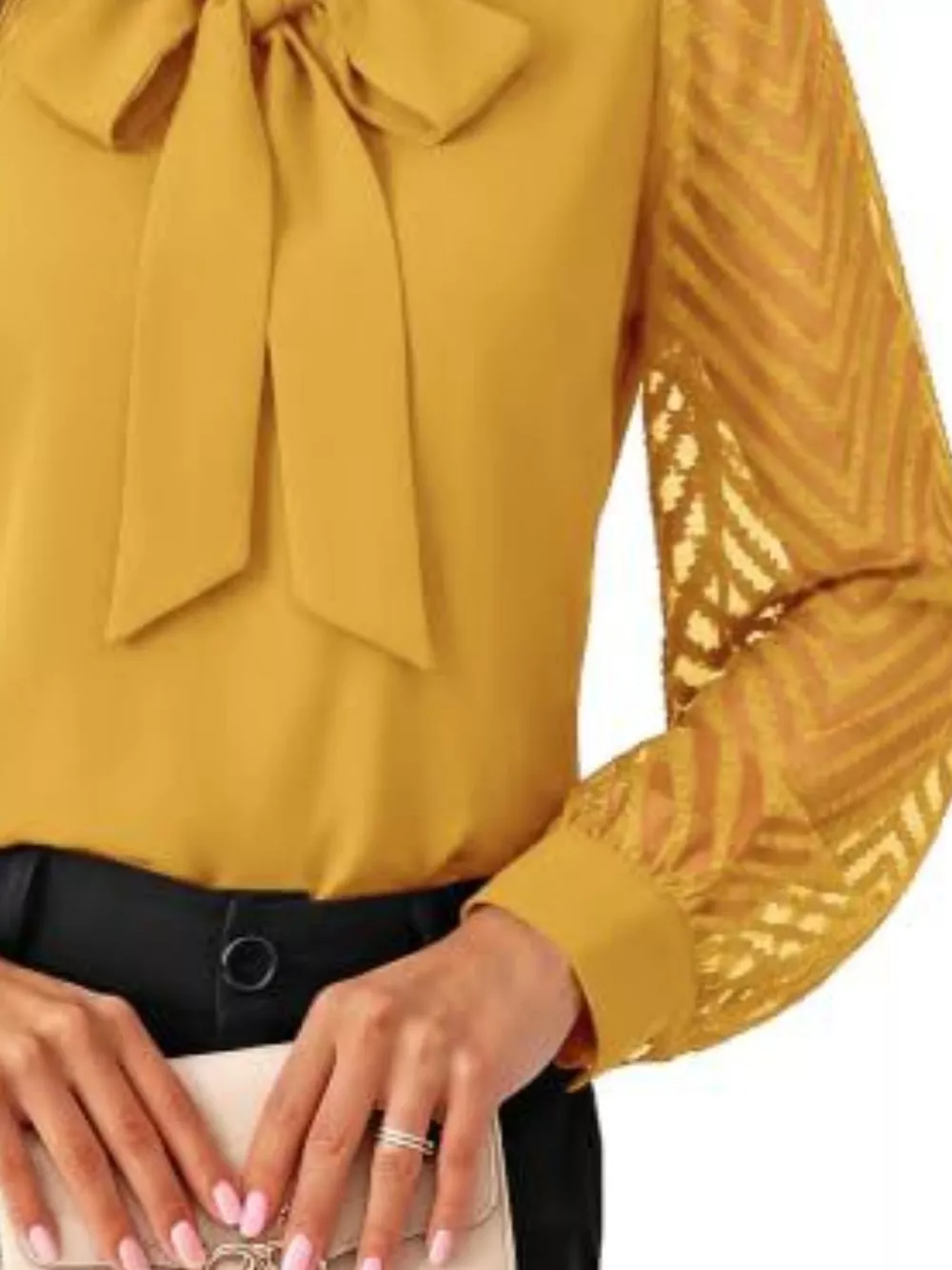 Bow-Tie Blouse with Sheer Chevron Long Sleeves, image 12