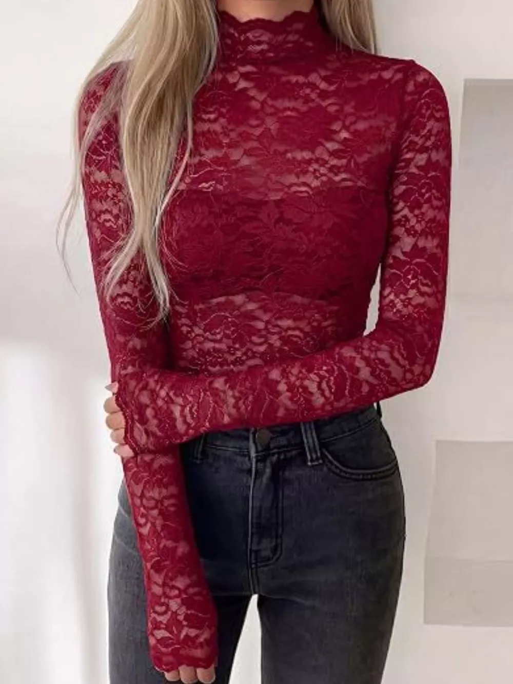 Lace Mock Neck Long Sleeve Top, image 19