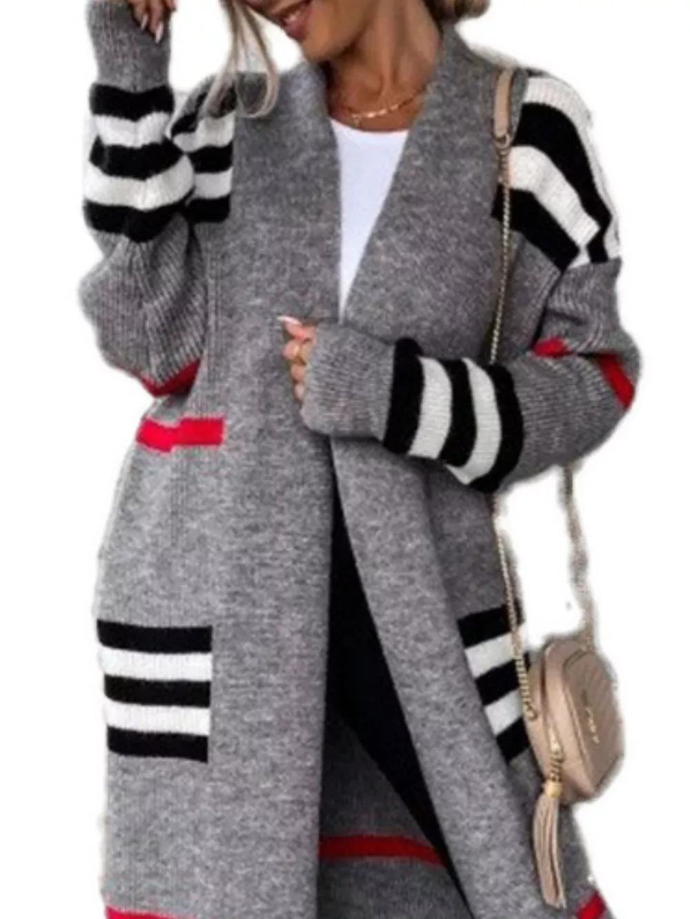 Striped Longline Open Front Cardigan, image 4