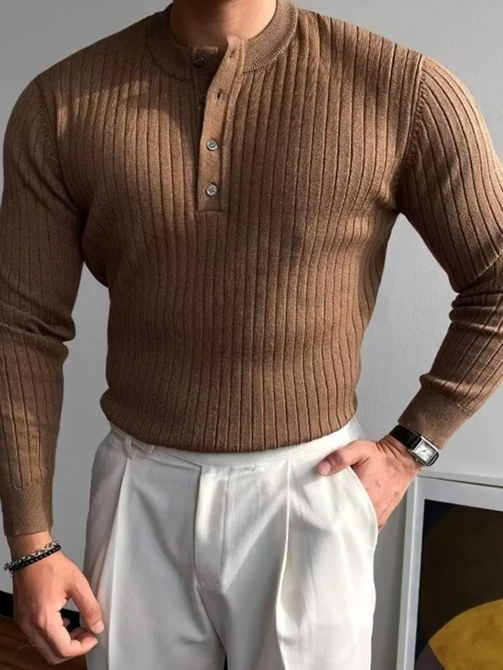 Button Detail Ribbed Long Sleeve Men's Knit Top, image 2