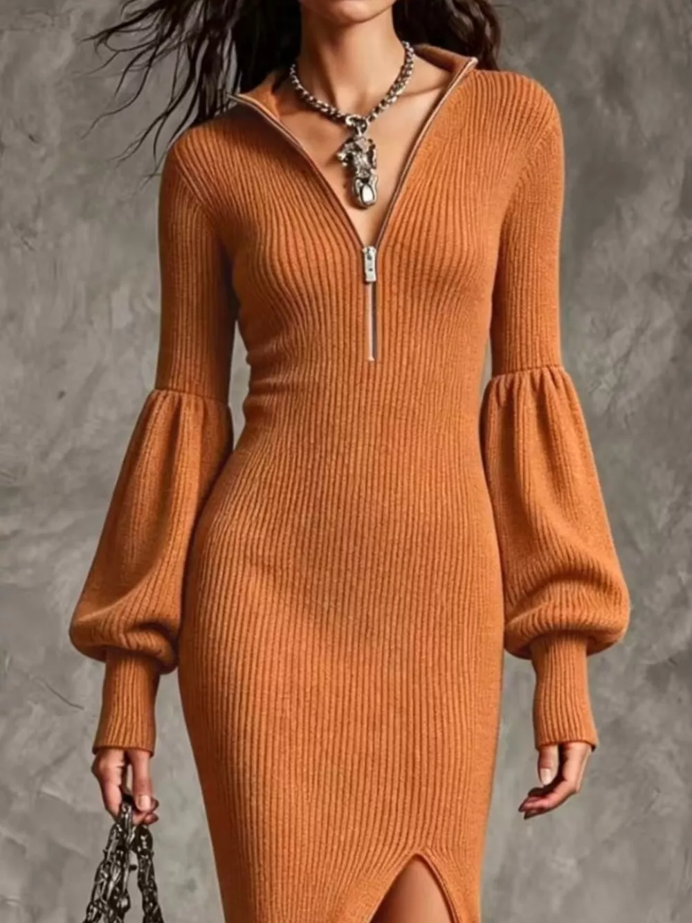 Ribbed Knit Quarter-Zip Lantern Sleeve Sweater Dress, image 2