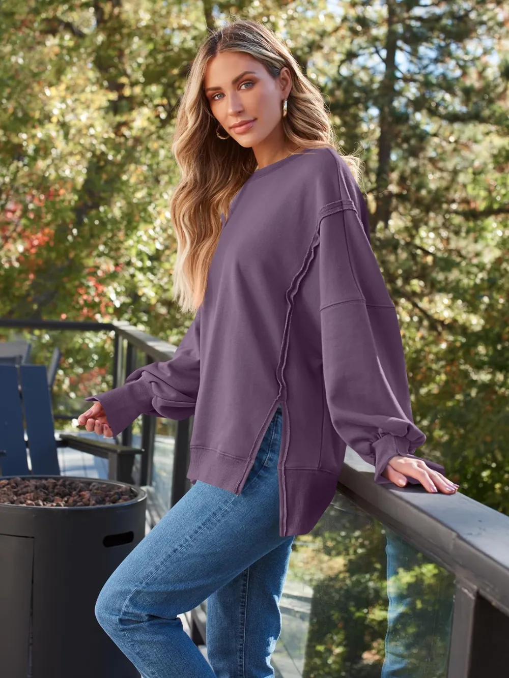 Slit Round Neck Long Sleeve Sweatshirt, image 19