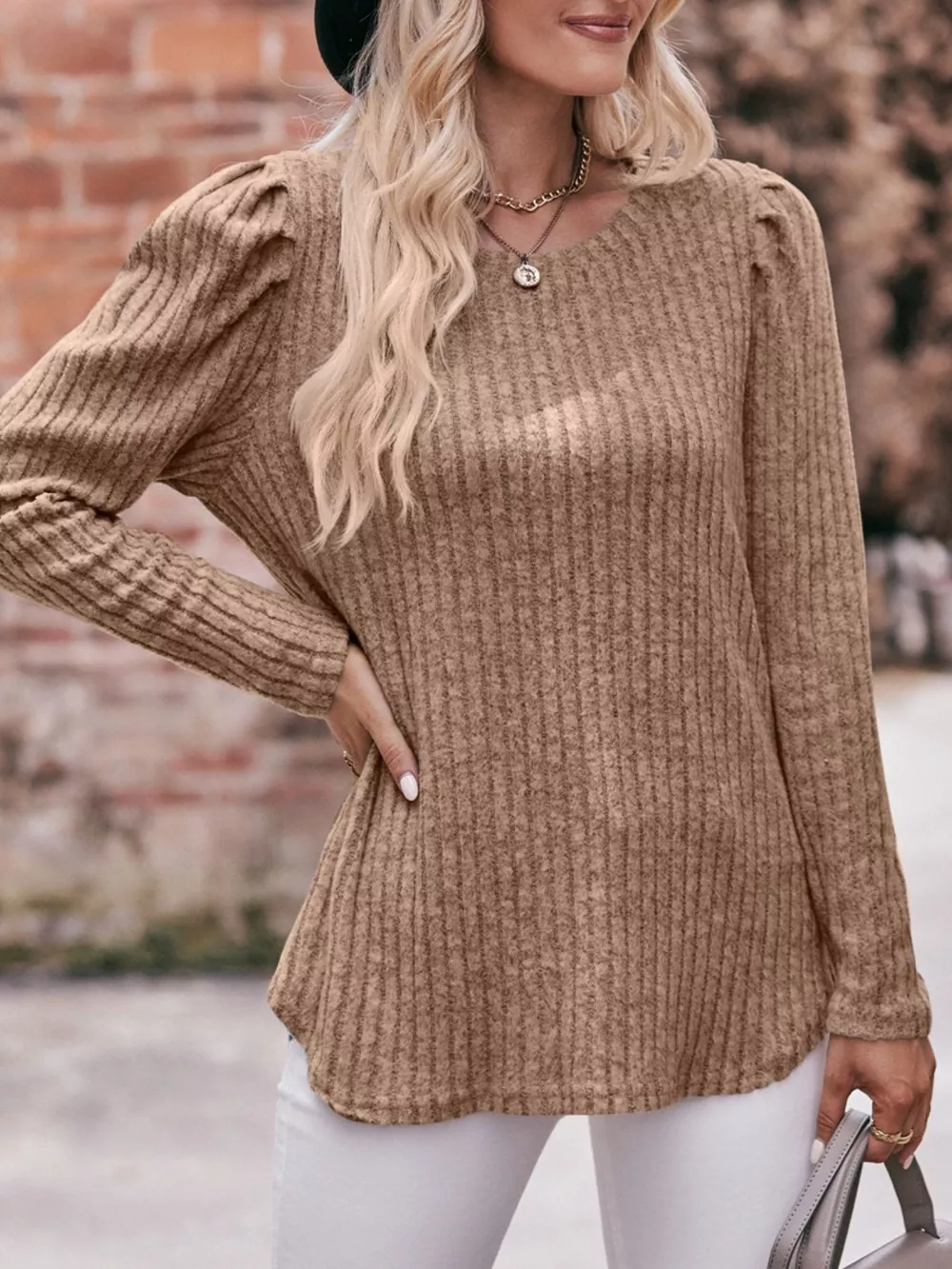 Ribbed Knit Puff Sleeve T-Shirt, image 24