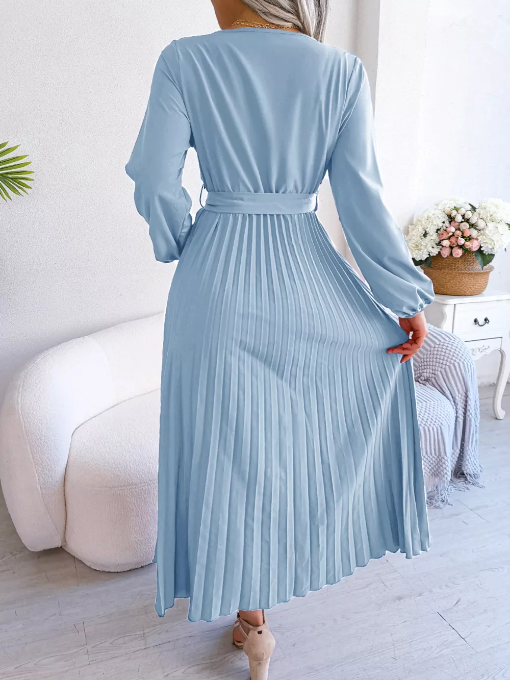 Elegant Pleated Front Tie Long Sleeve Dress, image 13