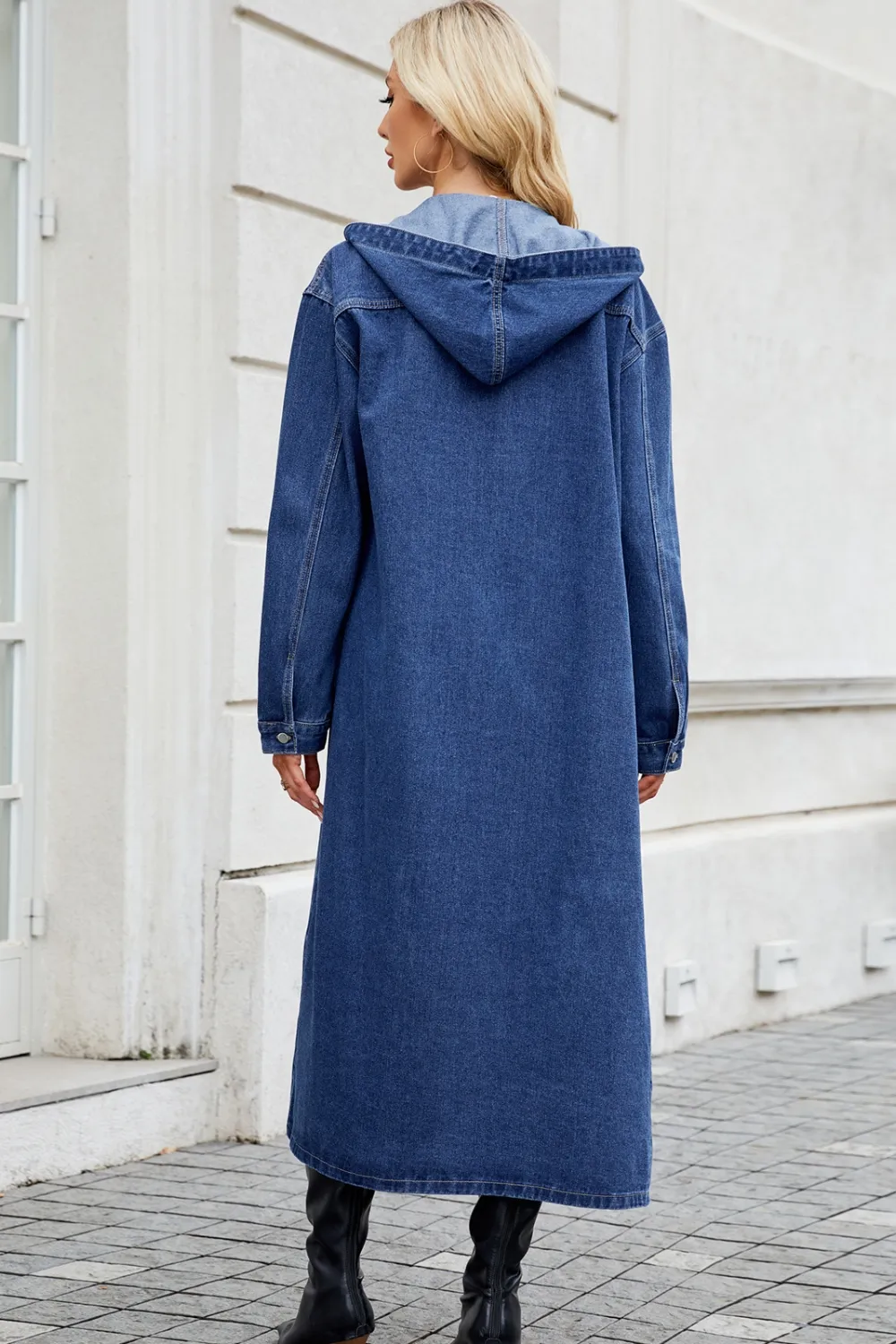 Button Up Long Sleeve Longline Hooded Denim Outerwear, image 7