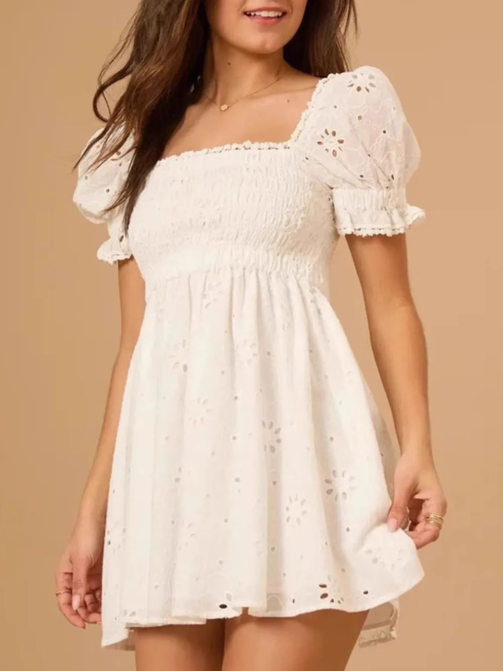 Eyelet Puff Sleeve Smocked Mini Dress, image 12