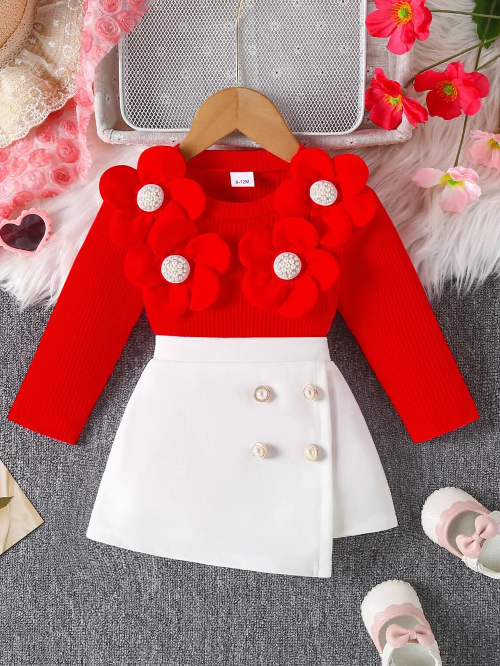 Children's Floral Applique Ribbed Top & Button Decor Skirt Set, image 5