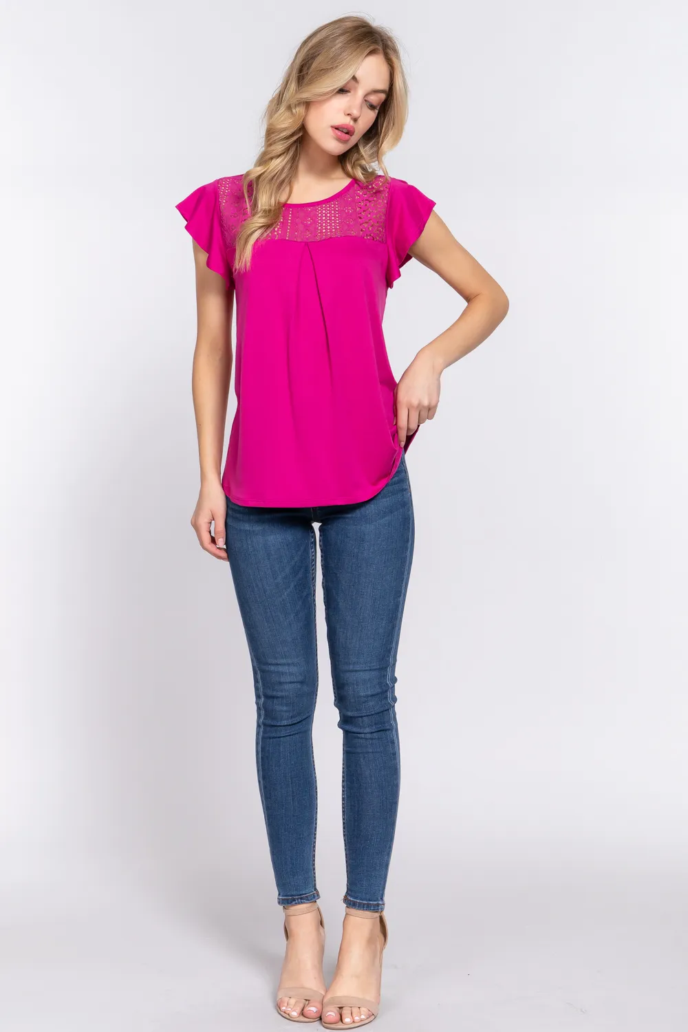 Ruffle Short Sleeve Lace Detail Knit Top, image 4