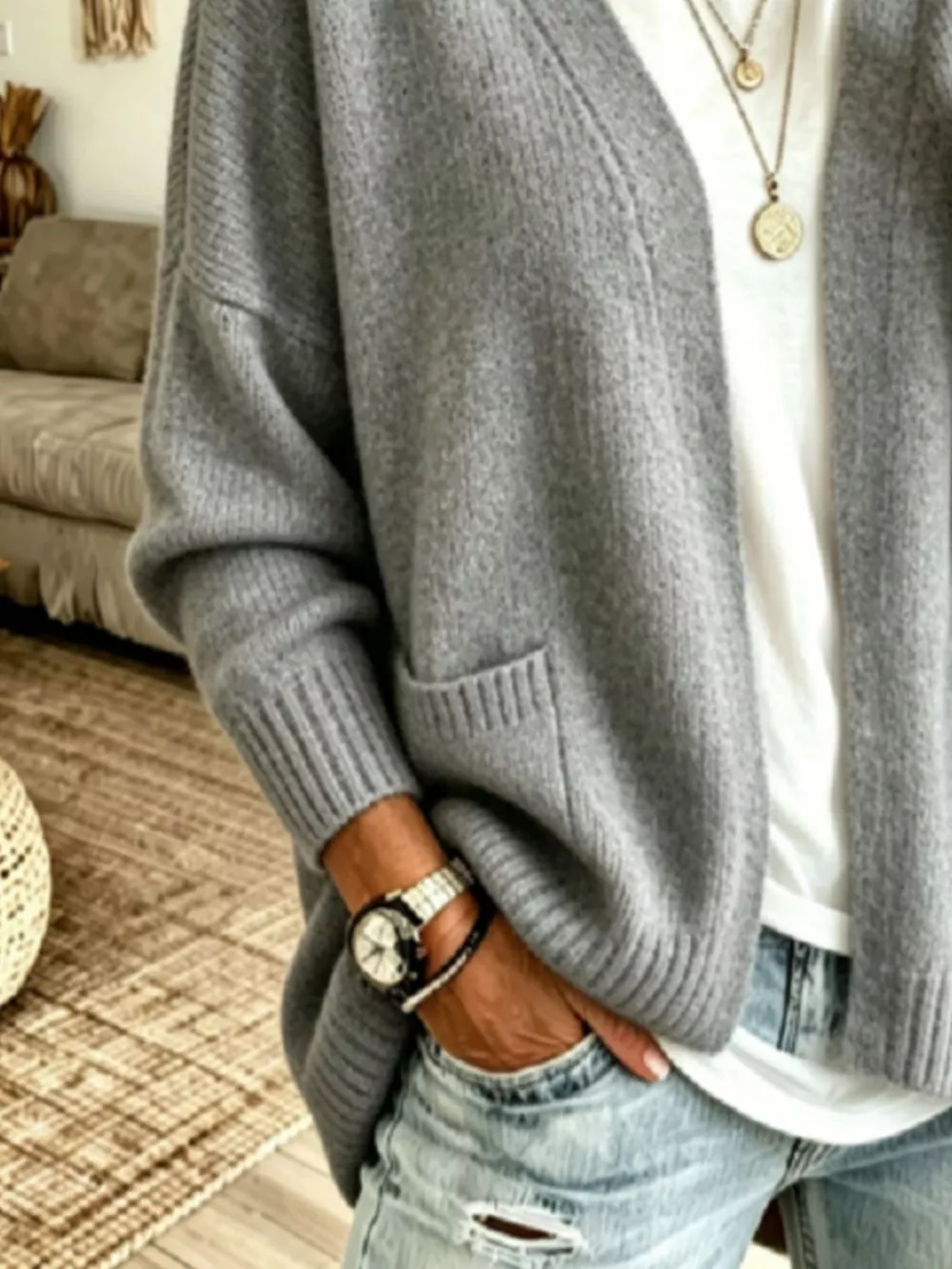 Open Front Knit Cardigan with Pockets, image 4