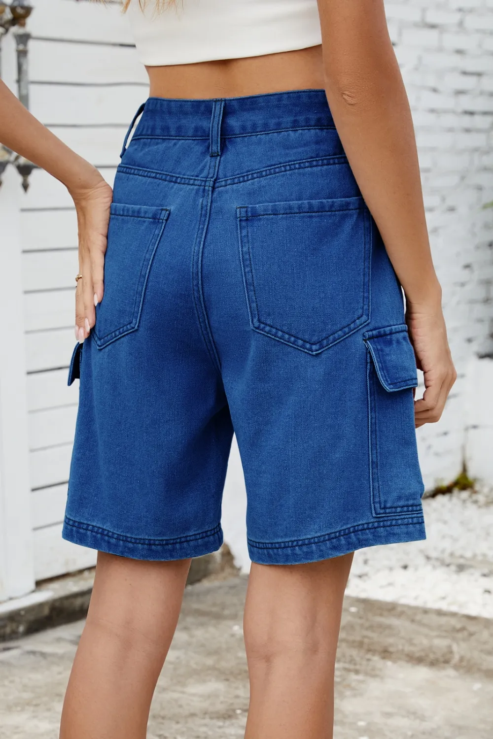 High Rise Denim Shorts with Cargo Pockets, image 14