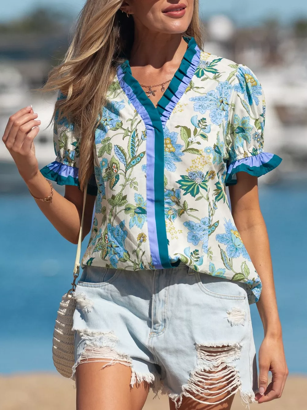 Floral Print Contrasted Frilled Striped Trim Short Sleeve Blouse, image 5