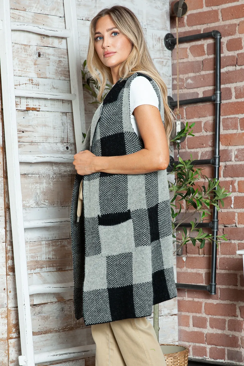 Plaid Lapel Collar Sleeveless Cardigan, image 4