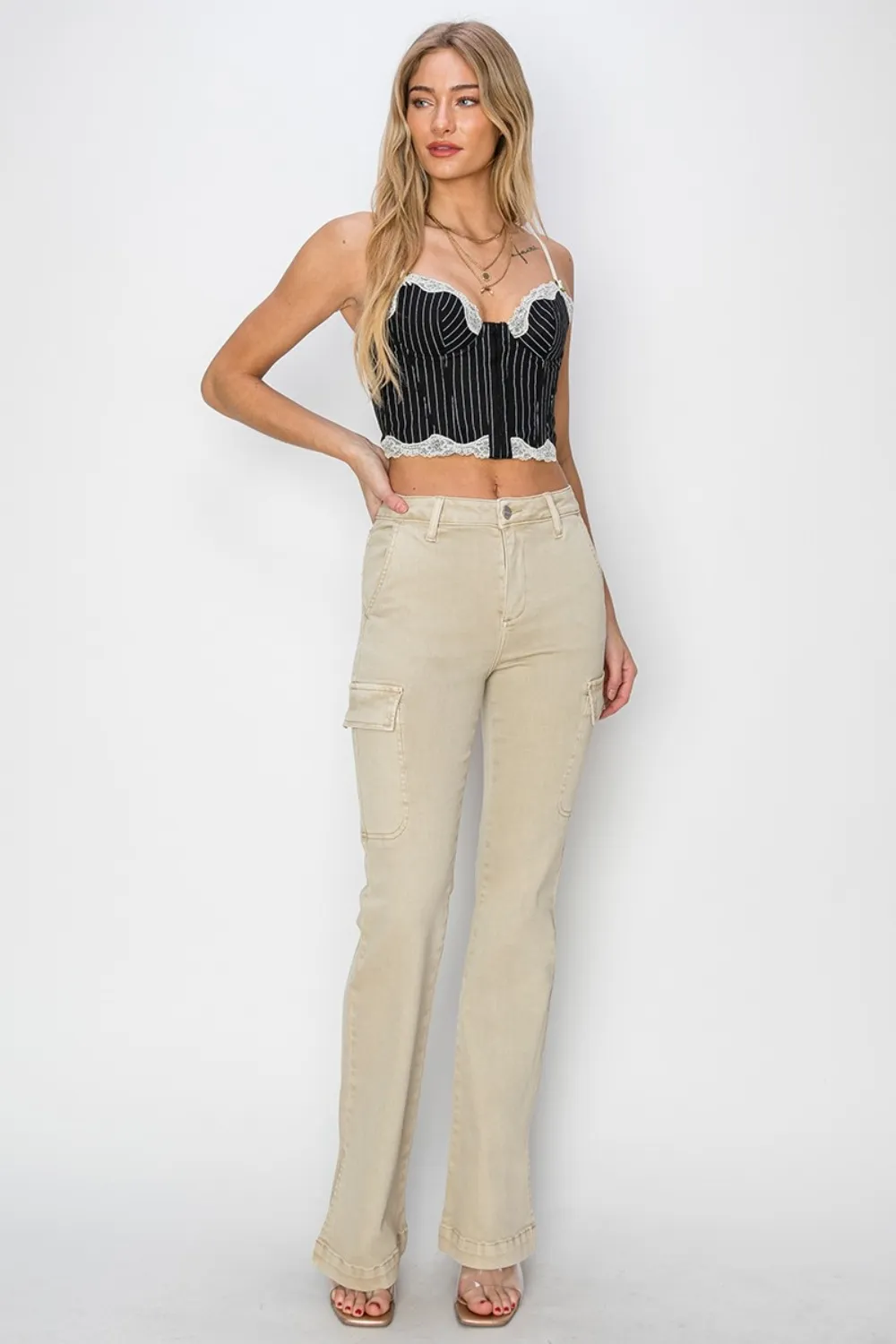Full Size High Rise Side Slit Cargo Bootcut Jeans, image 7