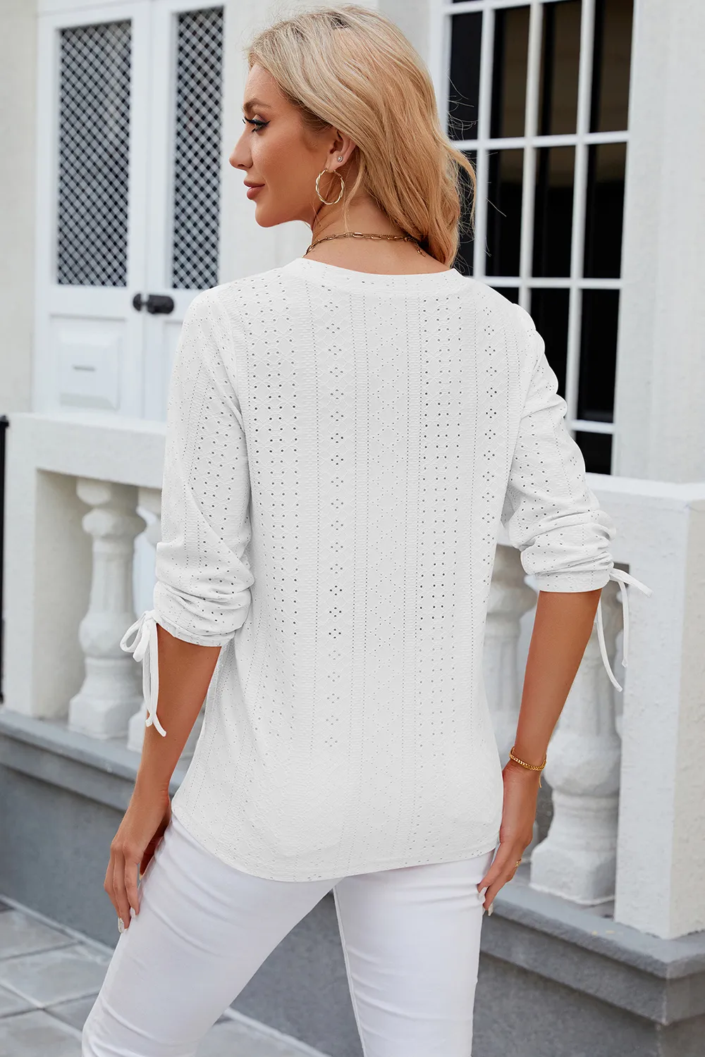 Eyelet Drawstring V-Neck Half Sleeve T-Shirt, image 16
