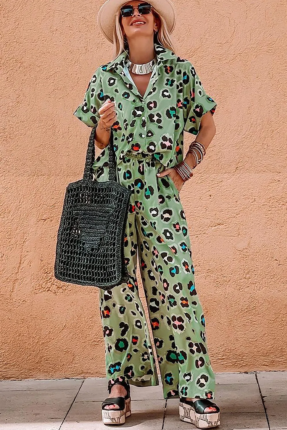 Leopard Collared Neck Top and Pants Set, image 8