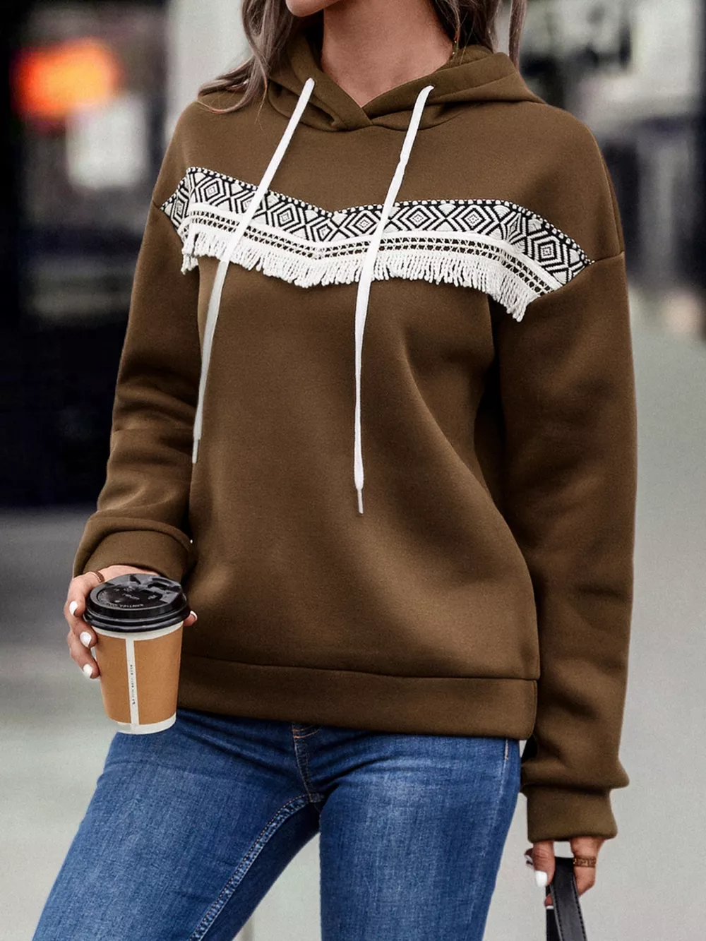 Fringe Detail Long Sleeve Drawstring Hoodie, image 15