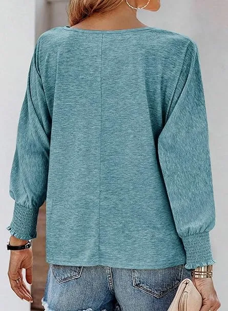 Round Neck Smocked Lantern Sleeve T-Shirt, image 10