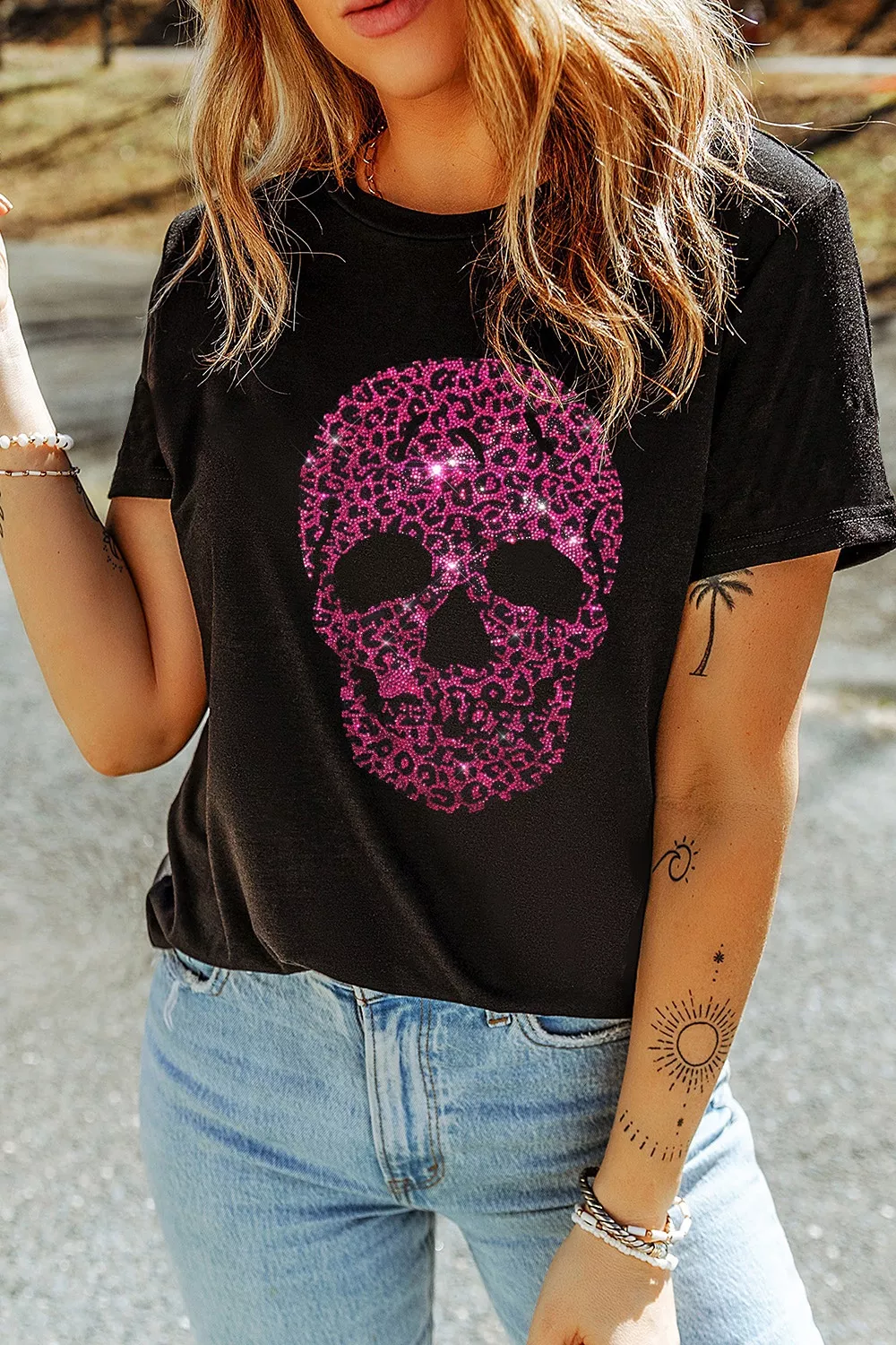 Rhinestone Skull Graphic Crew Neck T Shirt, image 2