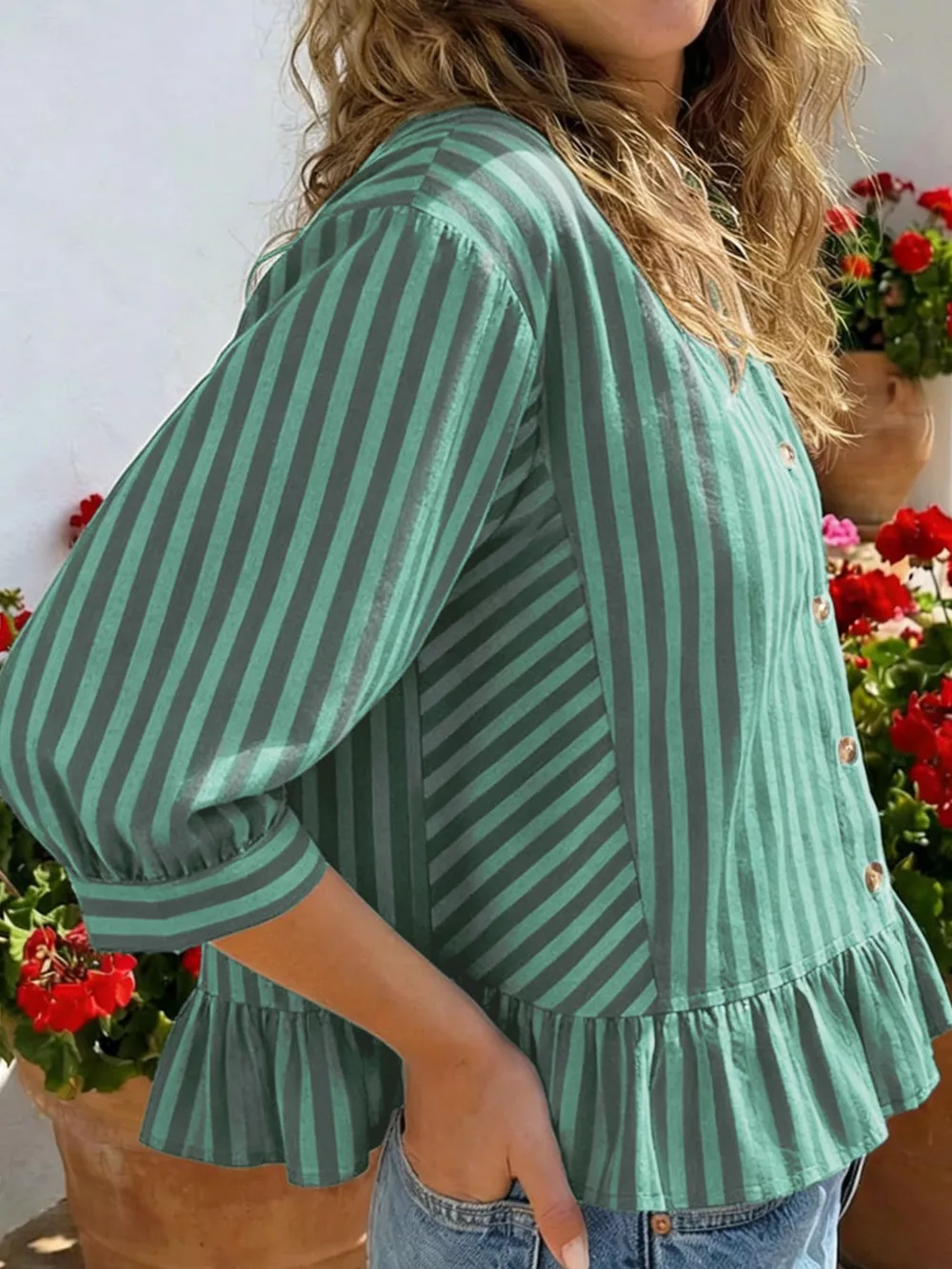 Striped Ruffle Hem Button-Down Shirt, image 8