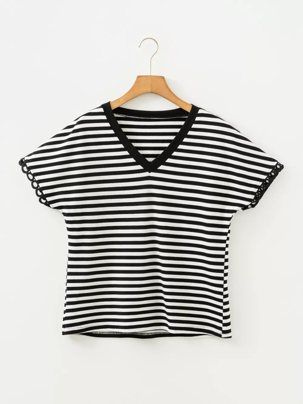 Striped V-Neck Scalloped Short Sleeve T-Shirt, image 7