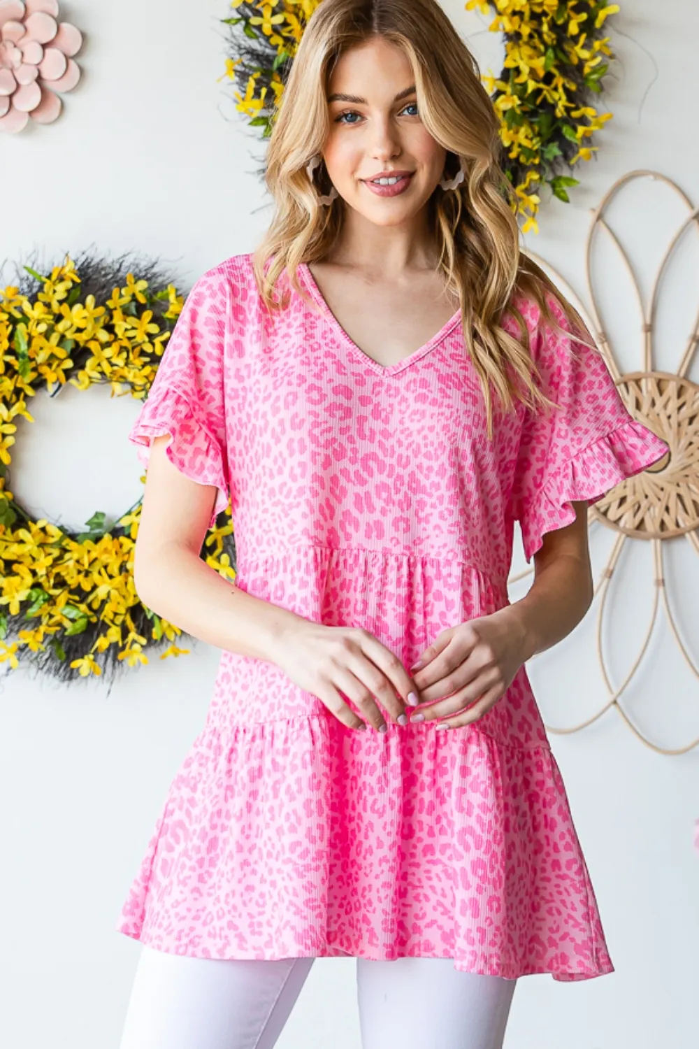 Full Size Leopard Ruffle Trim Short Sleeve Top, image 12