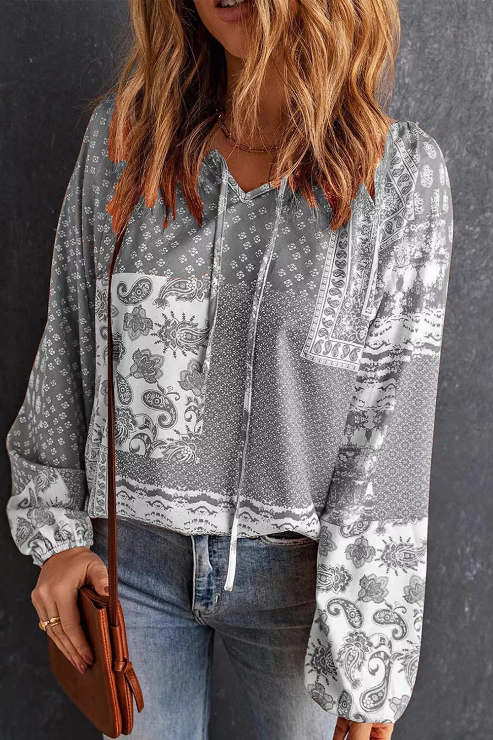 Full Size Paisley Print Tie-Neck Long Sleeve Blouse Plus Size, image 10