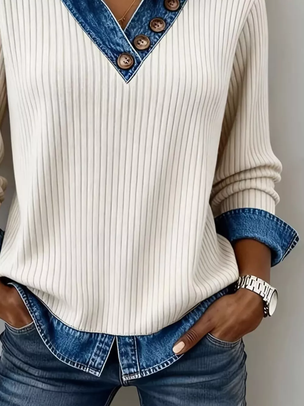 Ribbed Knit Denim Trim T-Shirt, image 3