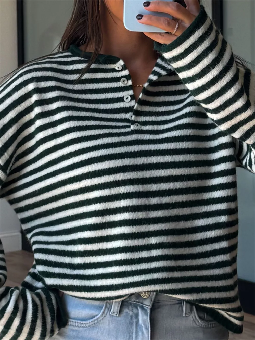 Button Detail Dropped Shoulder Striped Sweater, image 13