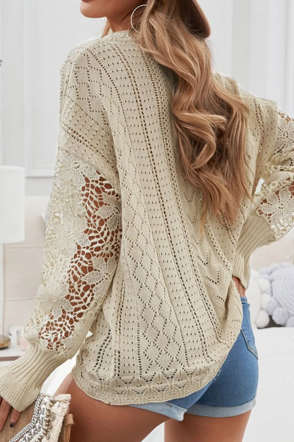 Openwork Round Neck Long Sleeve Sweater, image 20