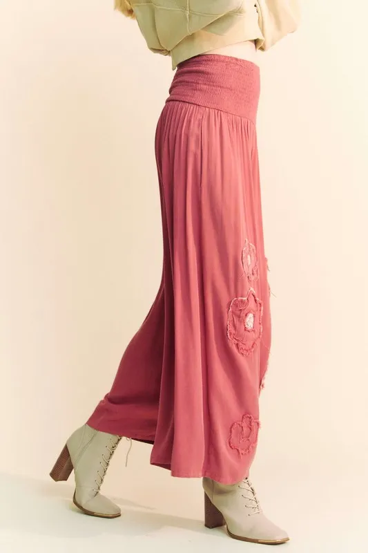 Smocked Waist Flower Patch Wide Leg Pants, image 3