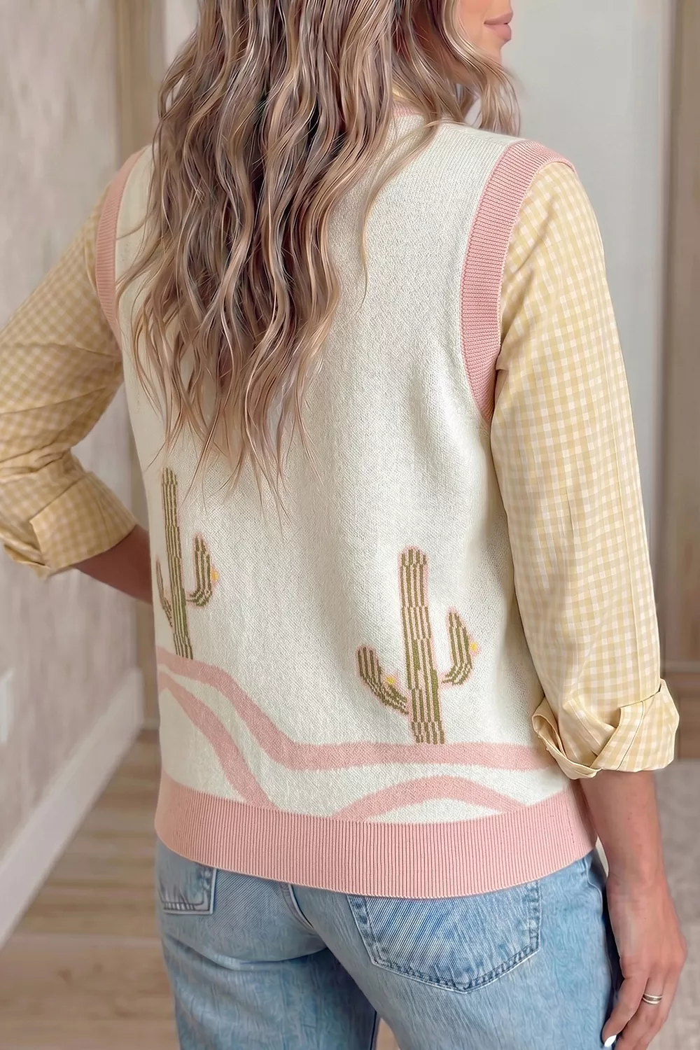 Color Block Trim Button Front Cactus Pattern Western Sweater Vest, image 3