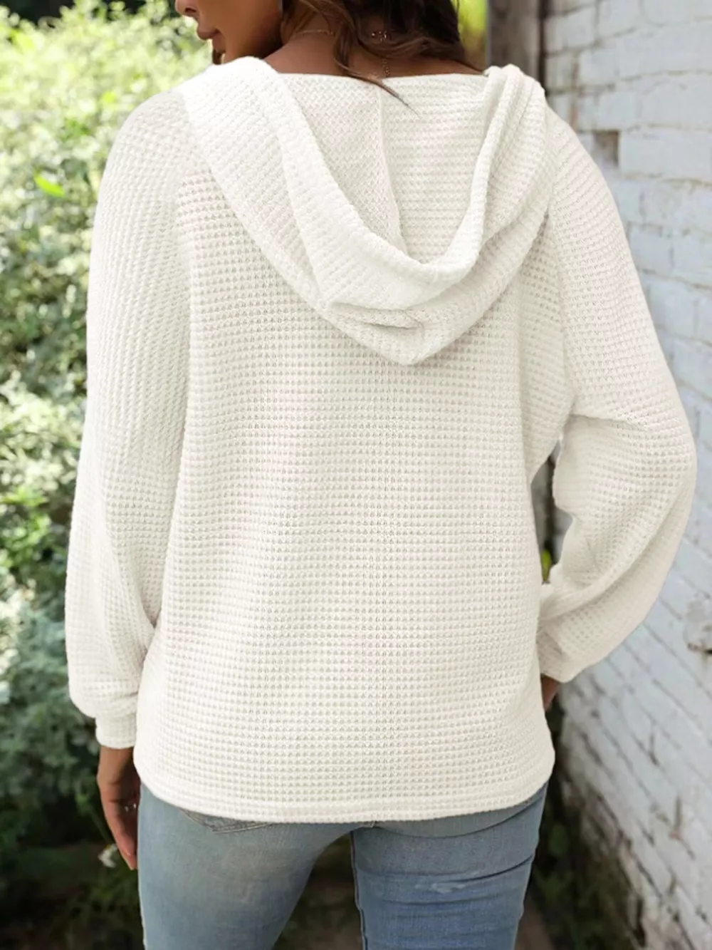Full Size Button Detail Waffle Knit Hoodie Plus Size, image 25