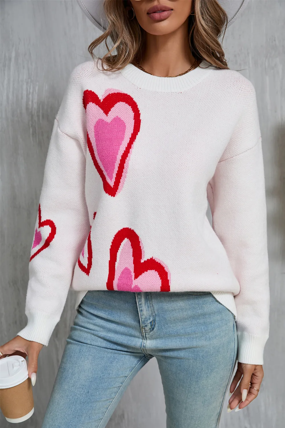 Heart Round Neck Long Sleeve Sweater, image 2