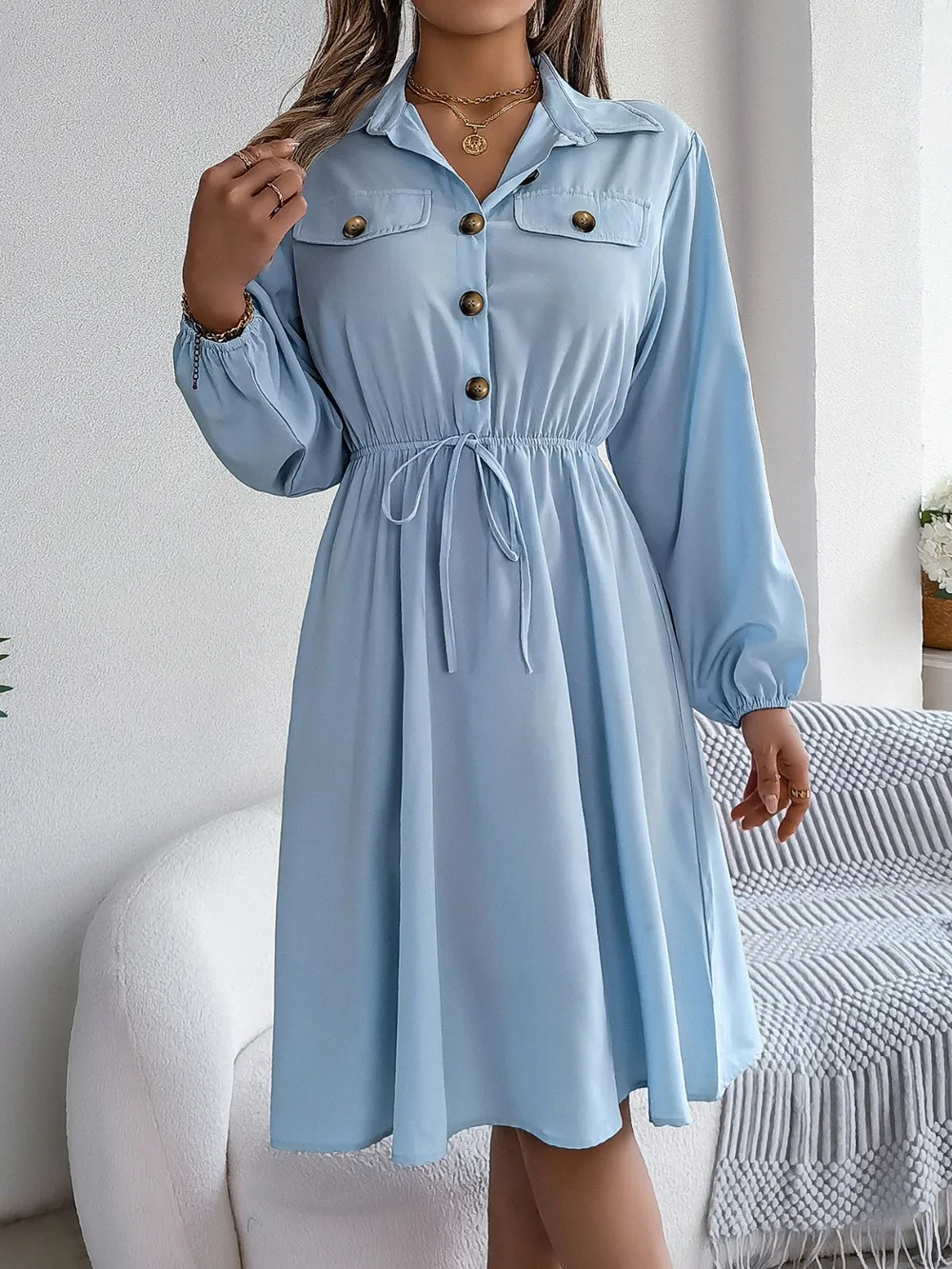 Collared Neck Long Sleeve Dress with Pockets, image 7