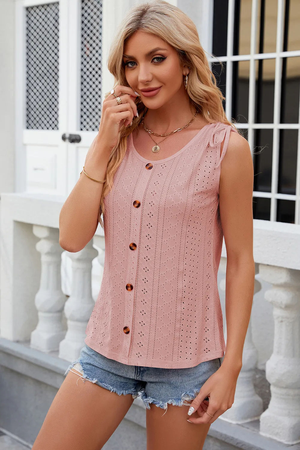 Eyelet Round Neck Wide Strap Tank, image 19