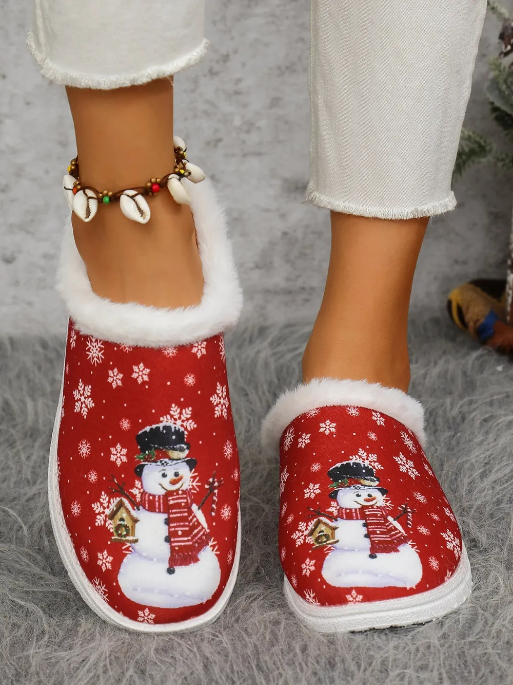 Snowman Print Flat Slippers with Faux Fur, image 8