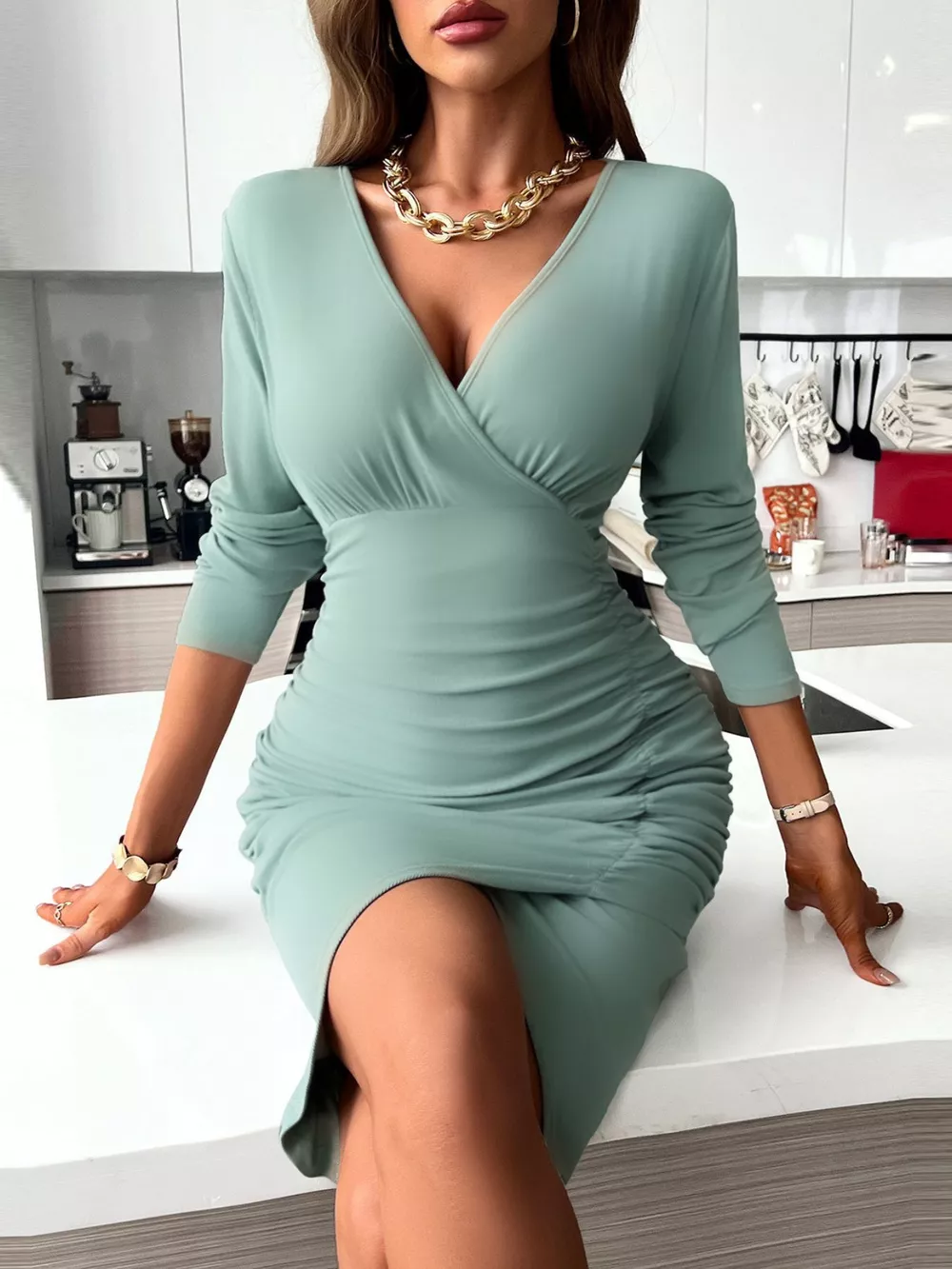 Full Size Ruched Surplice Bodycon Dress Plus Size, image 16
