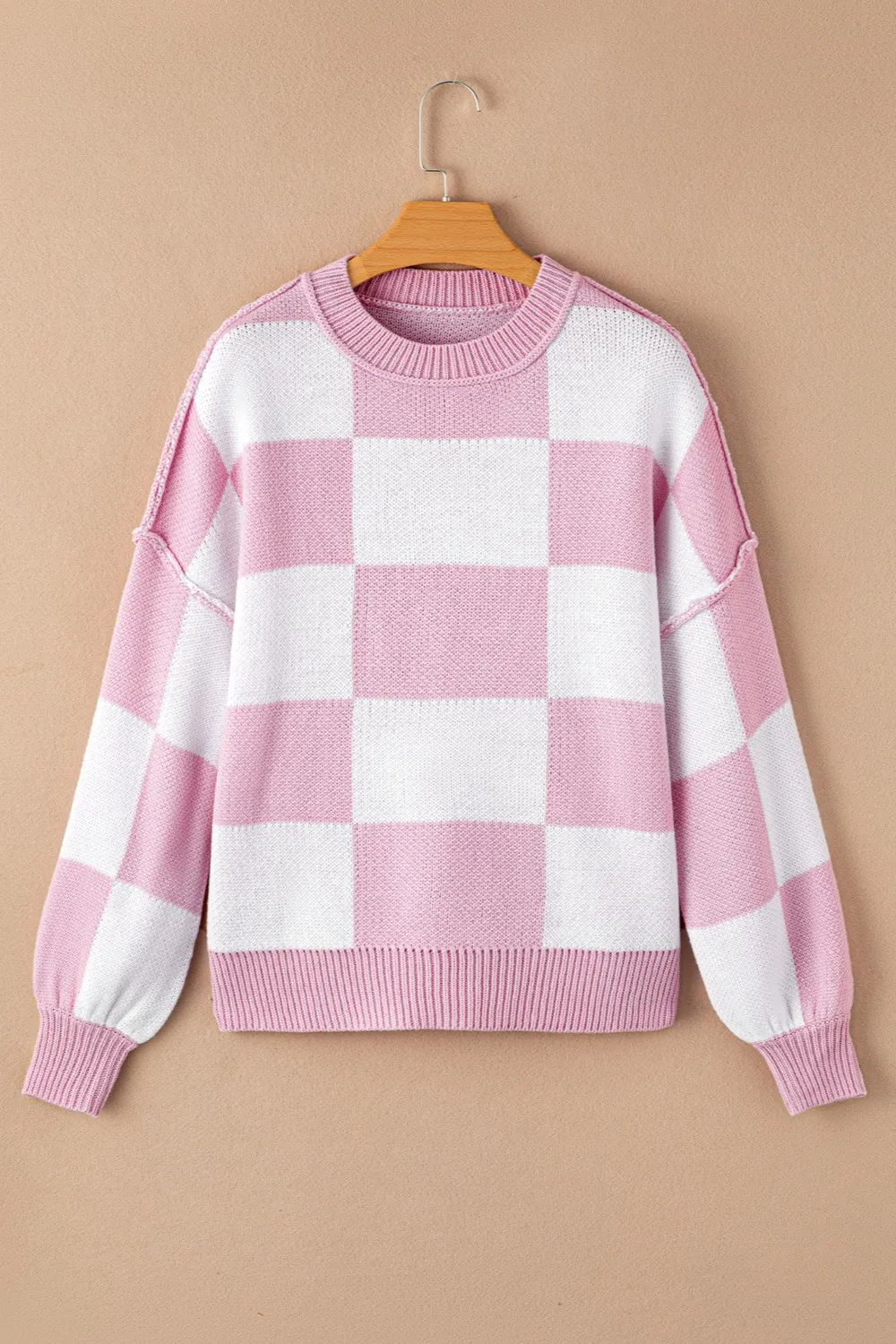 Checkered Exposed Seam Drooped Shoulder Sweater