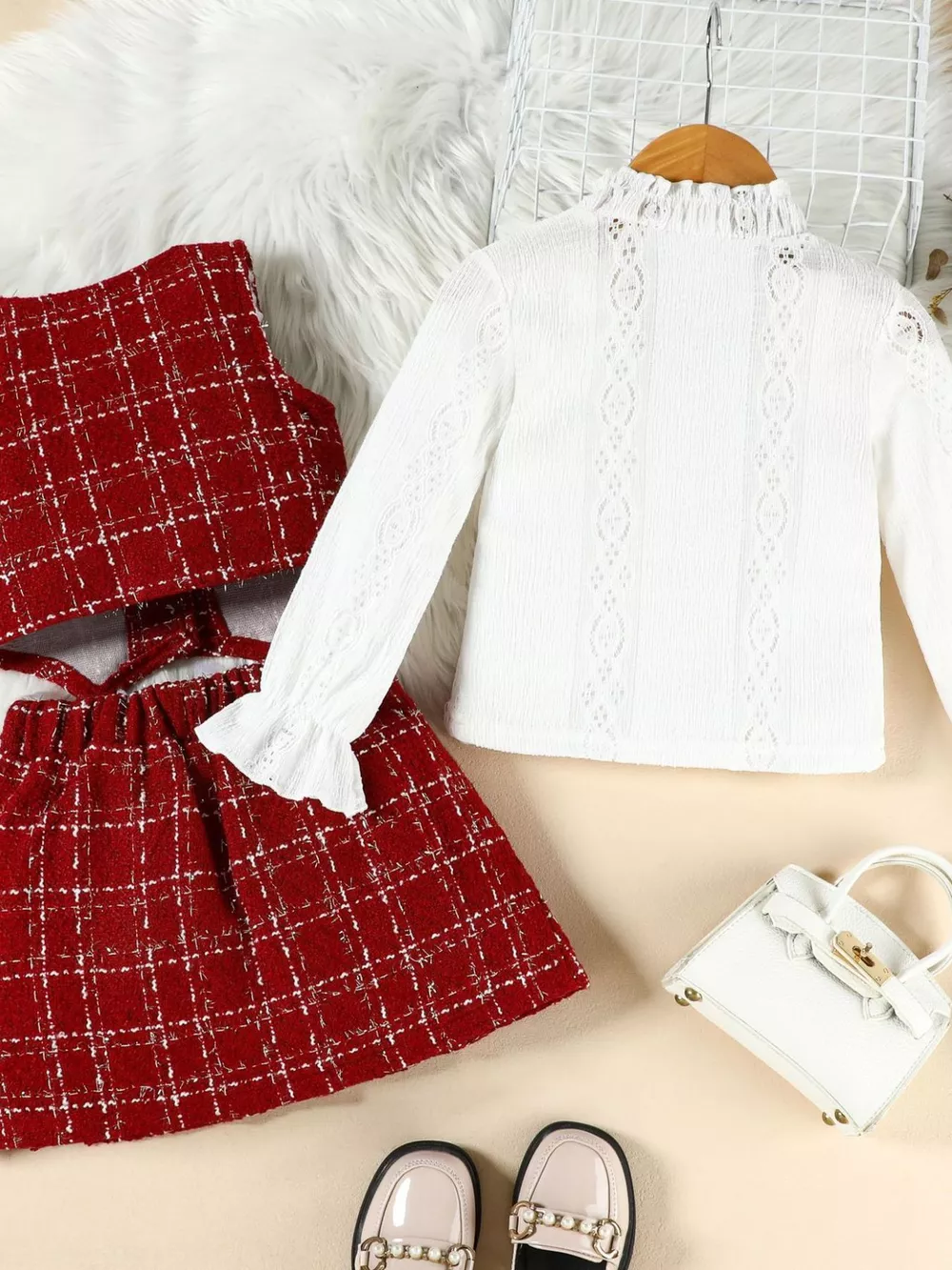 Children's Long Sleeve Top & Plaid Vest & Pleated Skirt Set, image 12