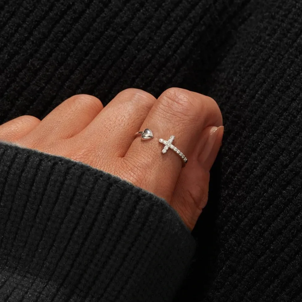 Heart Shape Cross Inlaid Zircon Open Ring, image 5