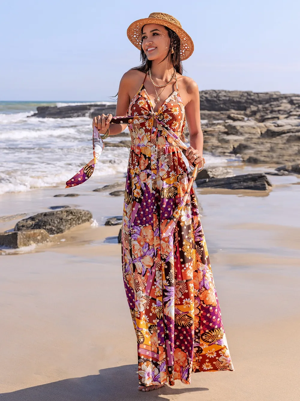 Slit Printed Halter Neck Cami Dress, image 7