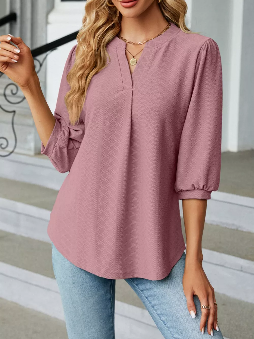 Notched 3/4 Sleeve Casual Top, image 7