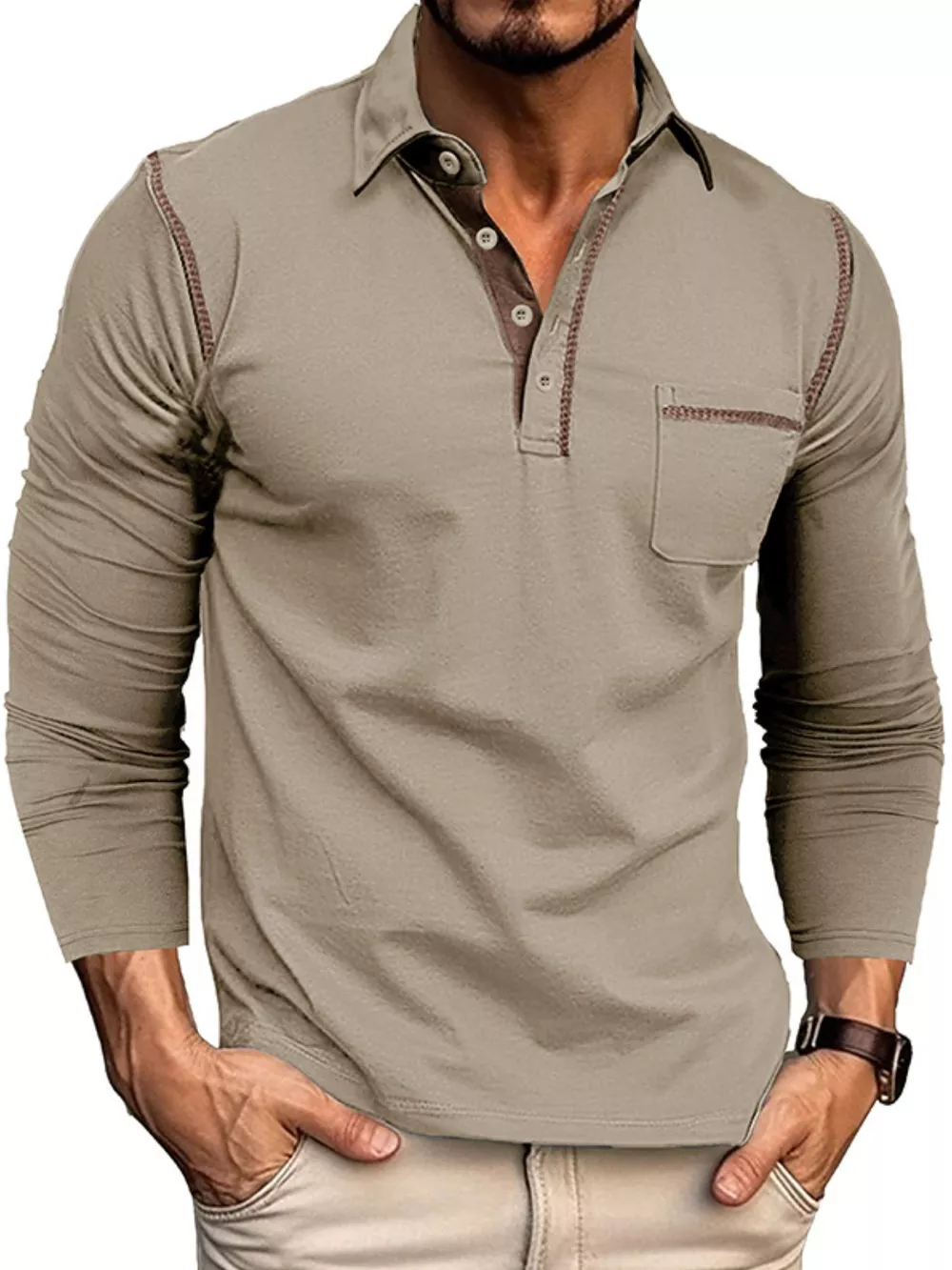 Men's Long Sleeve Polo Shirt with Contrast Stitching, image 9
