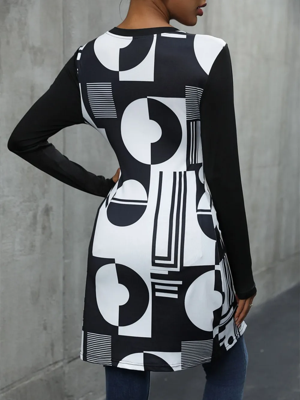 Geometric Round Neck Long Sleeve T-Shirt, image 2