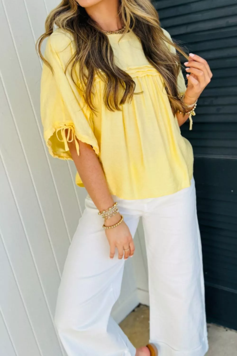 Tie Half Sleeve Pleated Detail Babydoll Blouse, image 2