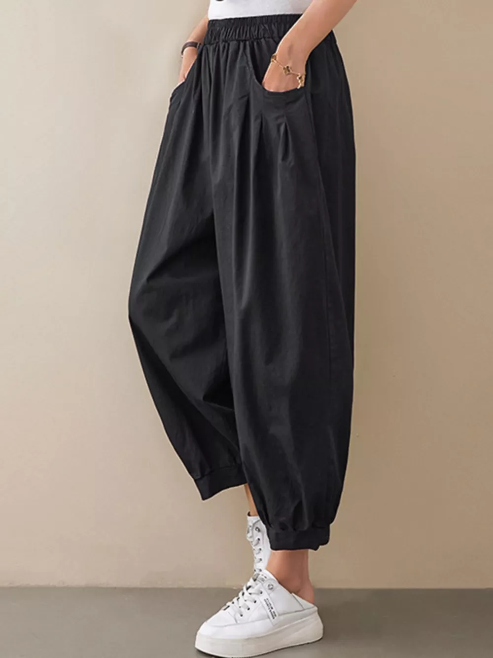 Loose Fit Elastic Waist Harem Pants, image 2