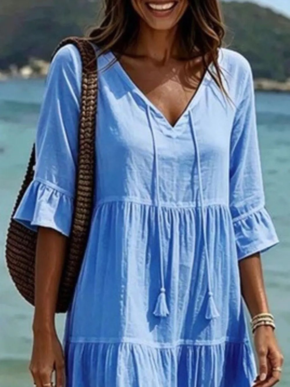 Full Size Tiered Tie Neck Flounce Sleeve Dress Plus Size, image 14